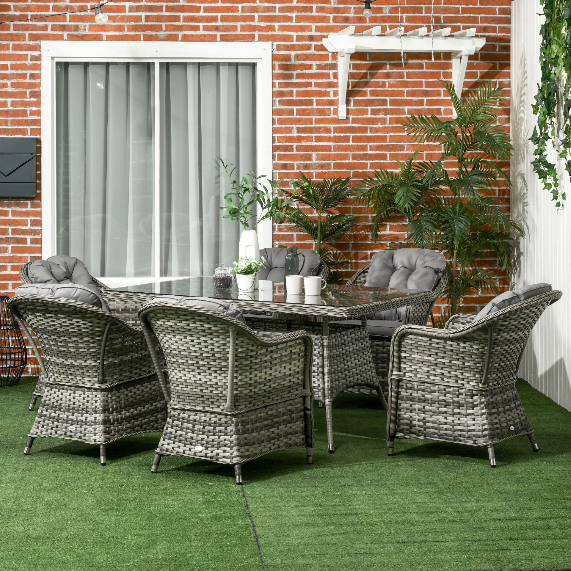 Outsunny 7 PCs Rattan Dining Sets Outdoor Dining Set with Tempered Glass Table