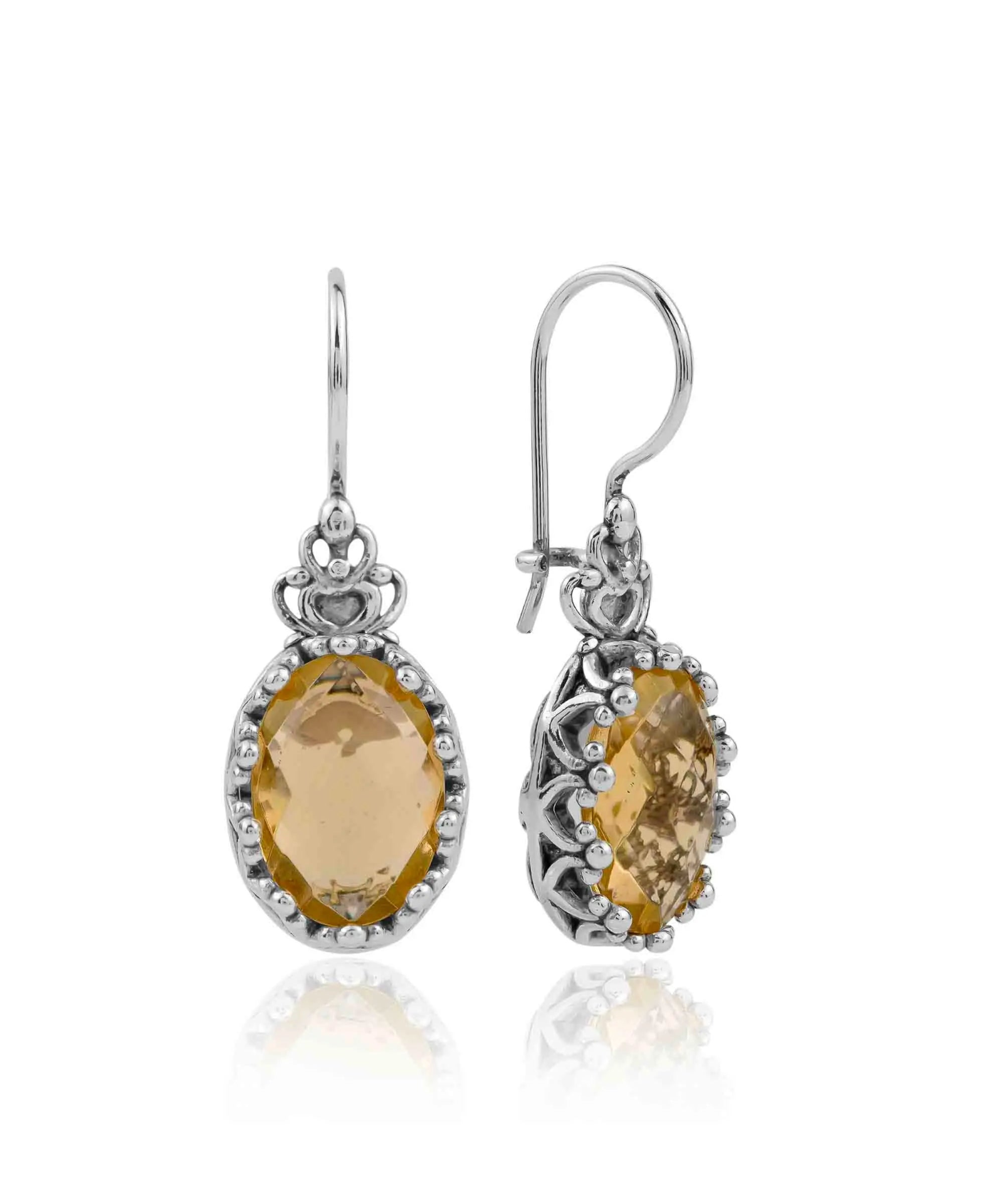 Filigree Citrine Gemstone Silver Oval Drop Earrings for Women