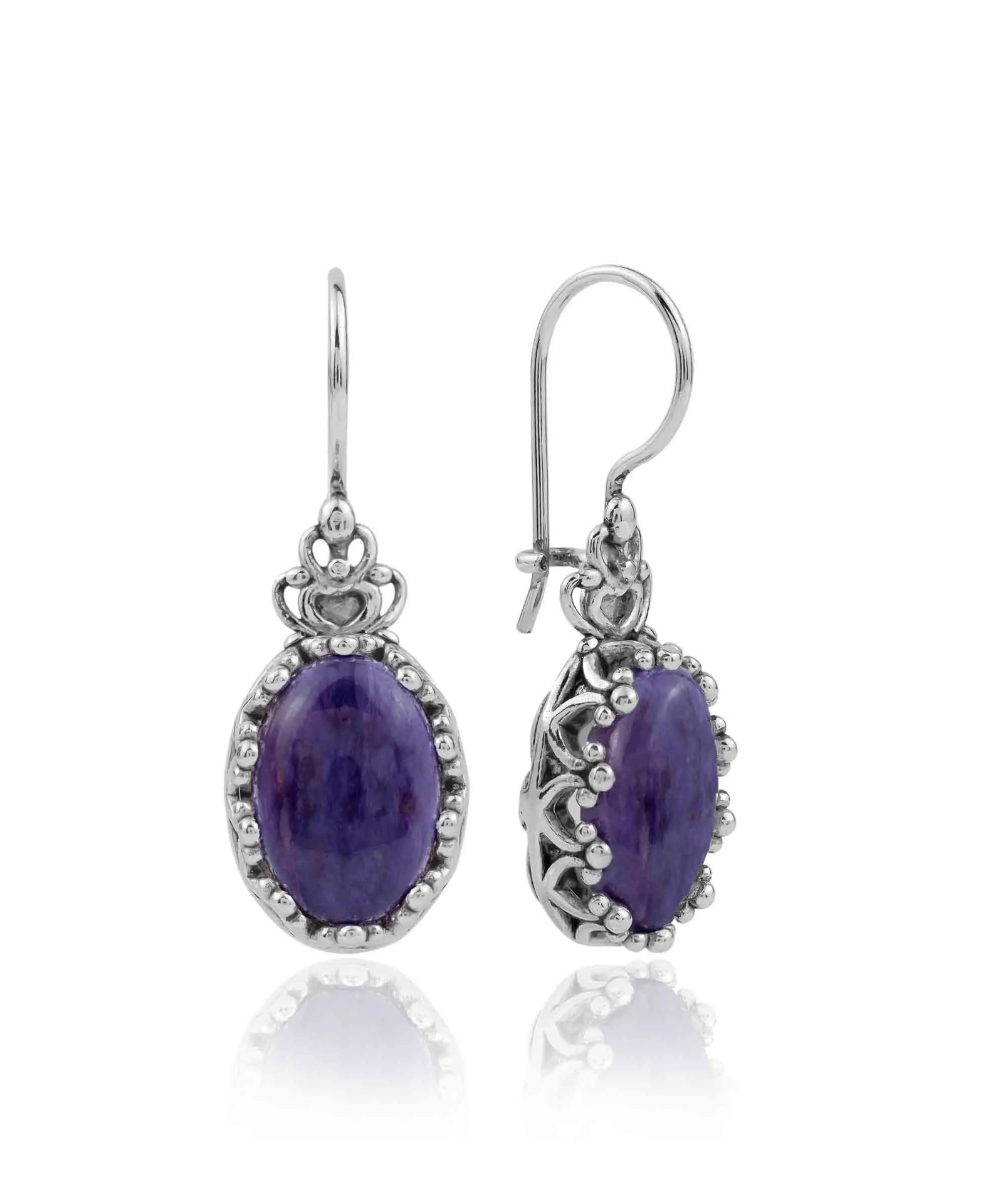 Filigree Art Charoite Gemstone Crown Figured Women Silver Oval Drop Earrings