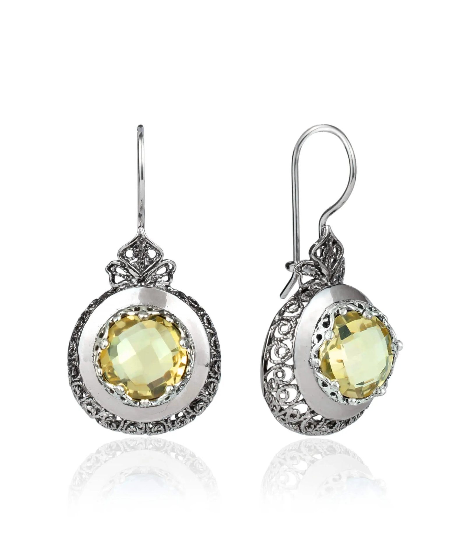 Sterling Silver Filigree Art Citrine Gemstone Women Drop Earrings