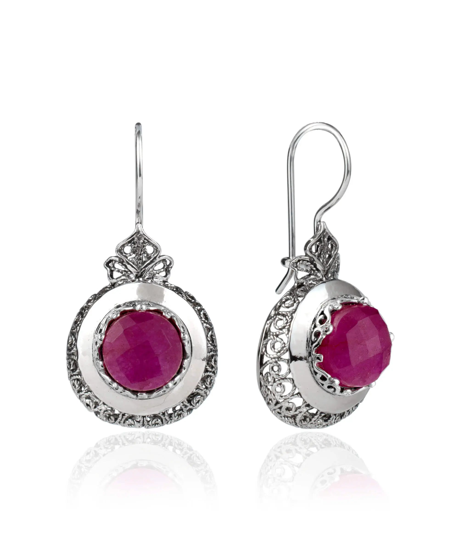 Sterling Silver Filigree Opaque Ruby Corundum Drop Earrings for Women