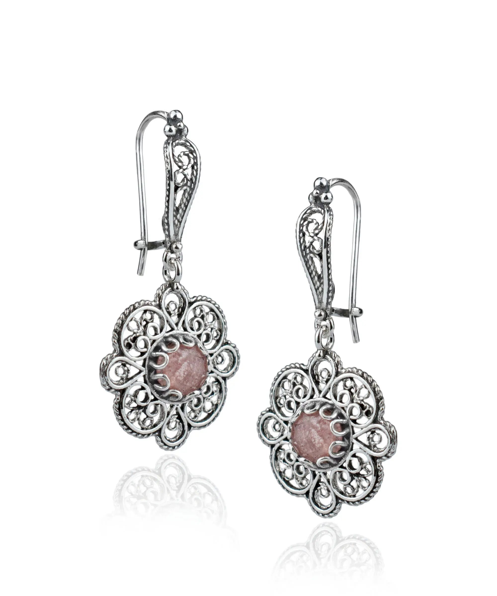 Sterling Silver Cherry Quartz Dangle Drop Earrings for Women with Filigree Art