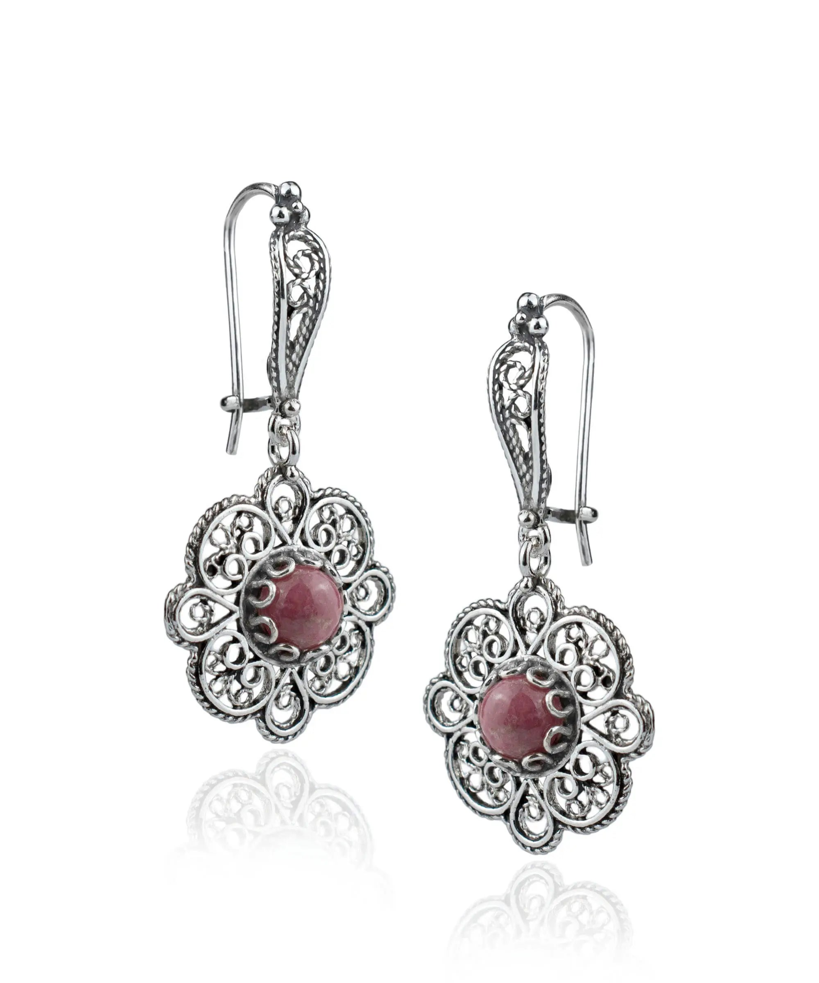 Sterling Silver Rhodonite Gemstone Filigree Art Dangle Drop Earrings for Women