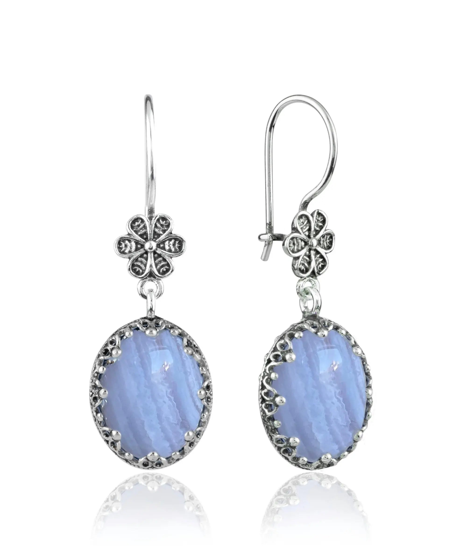 Elegant Silver Filigree Blue Lace Agate Oval Dangle Earrings for Women