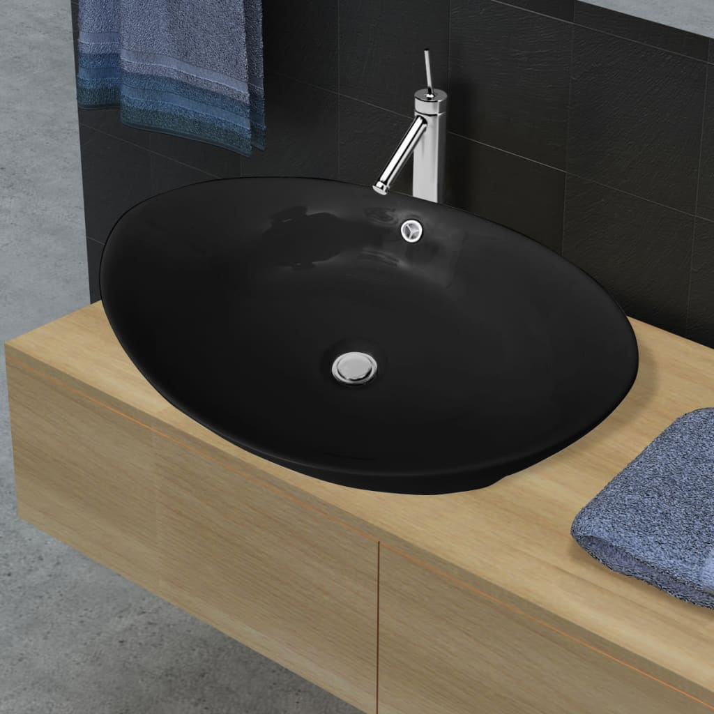 Black Luxury Ceramic Basin Oval with Overflow 59 x 385 cm