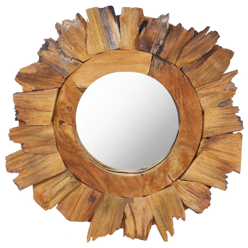 Round Teak Wood Wall Mirror 40cm | Natural Boho Rustic Home Decor