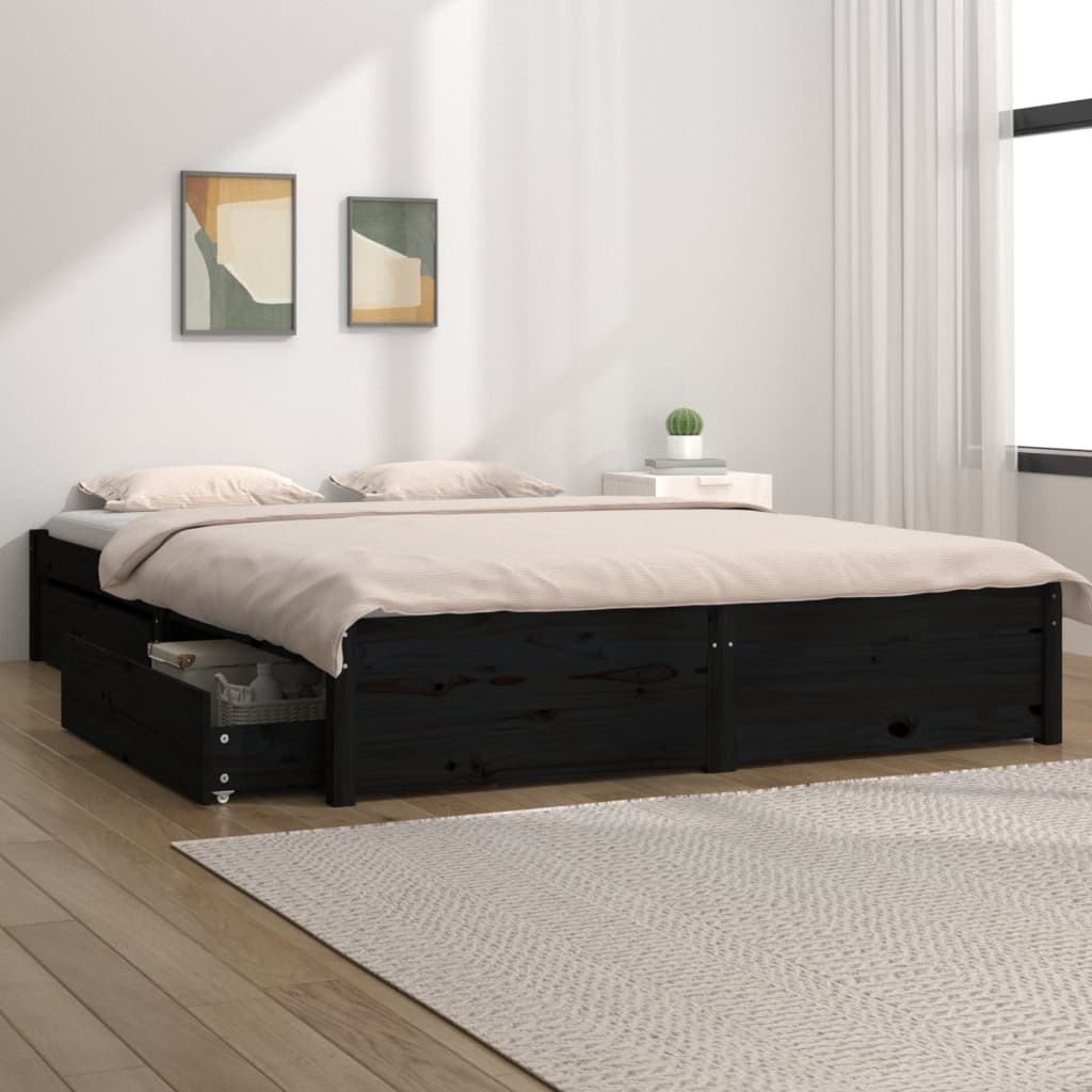 vidaXL Bed Frame with Drawers Black 135x190 cm Double