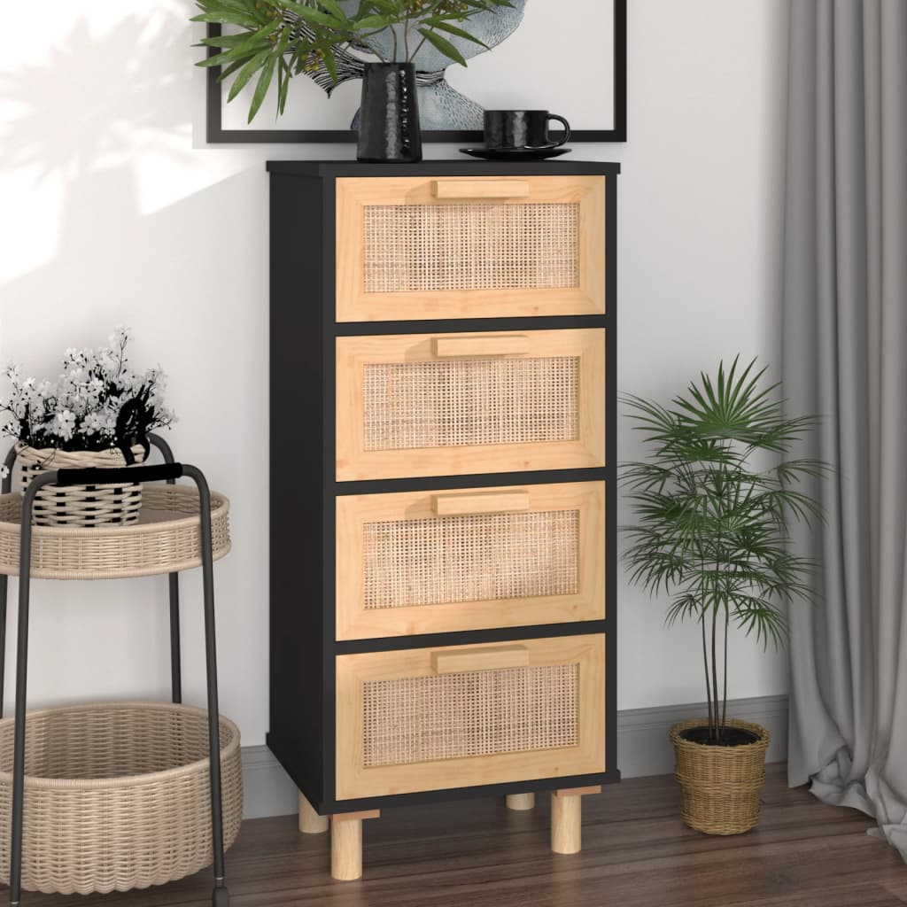 vidaXL Sideboard Black 40x30x90 cm Solid Wood Pine and Natural Rattan