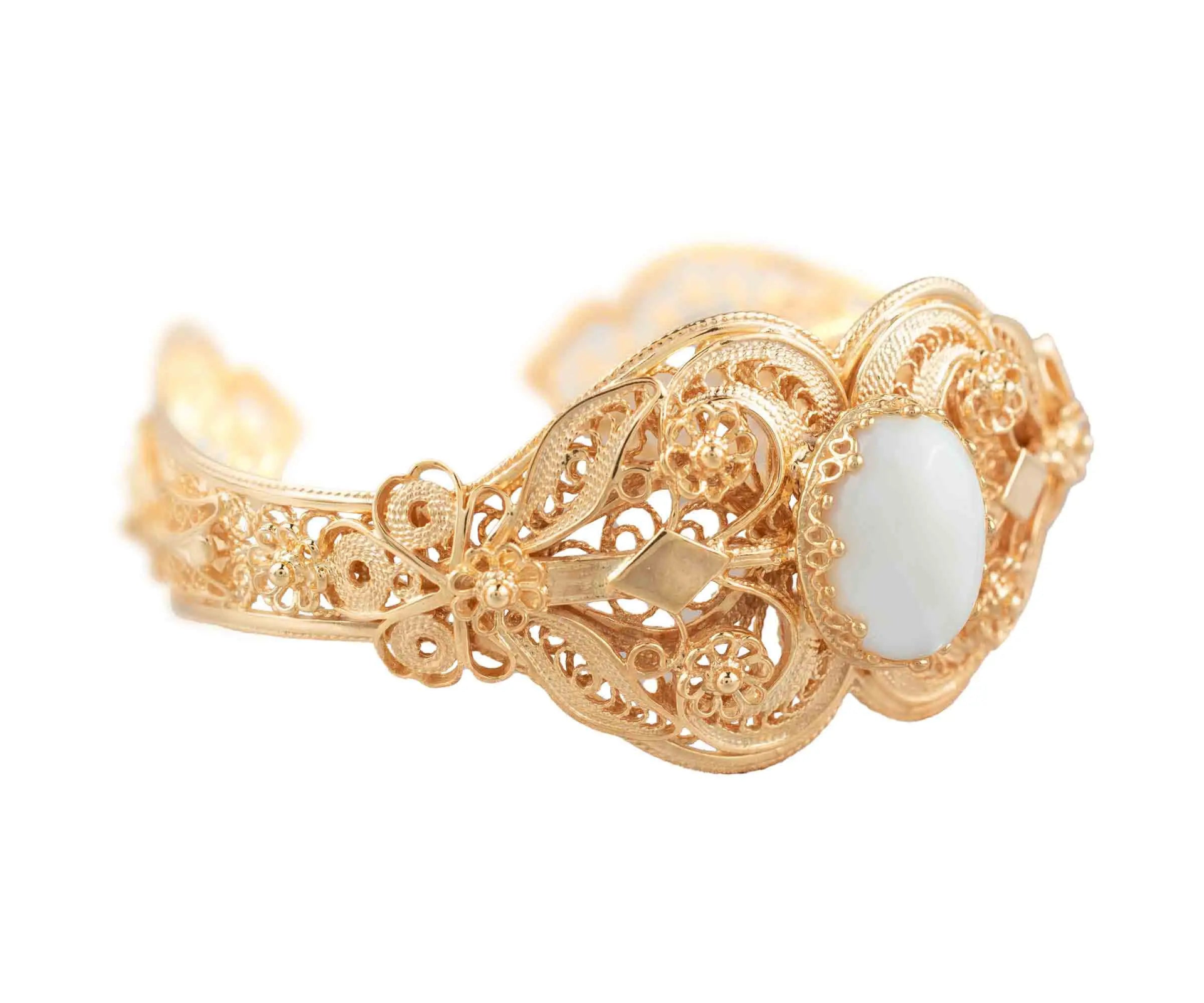 Gold Plated Sterling Silver Filigree Art Mother of Pearl Gemstone Women  Cuff Bra