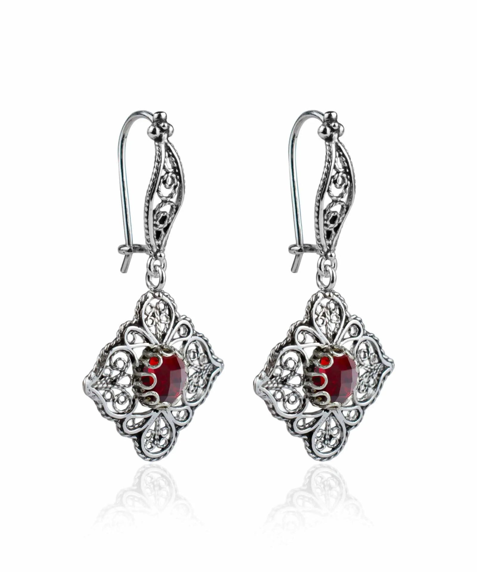 Sterling Silver Filigree Art Ruby Gemstone Dangle Drop Earrings for Women Elegant Jewelry