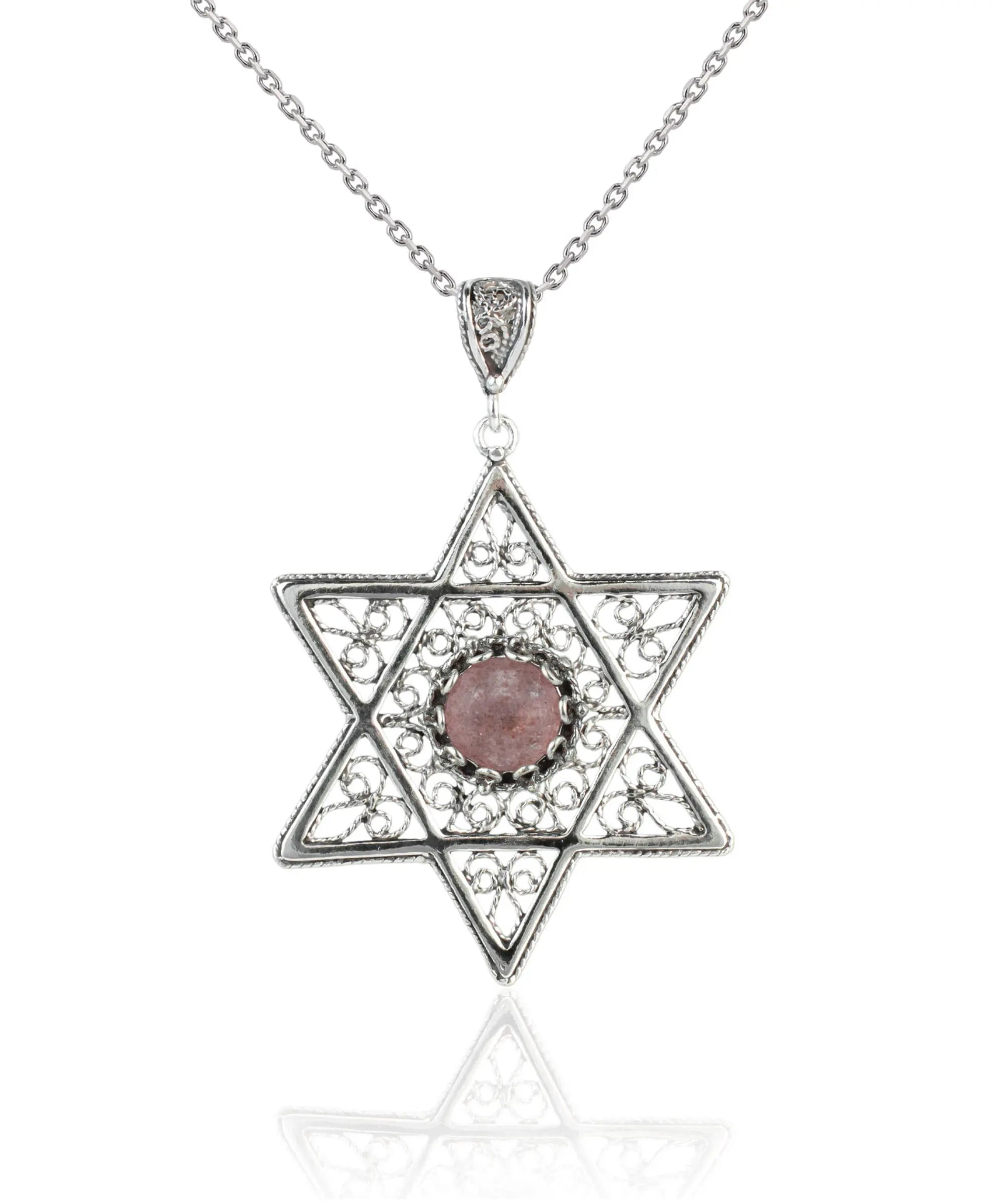 Filigree Art Cherry Quartz Gemstone Star of David Women Silver Pendant Necklace