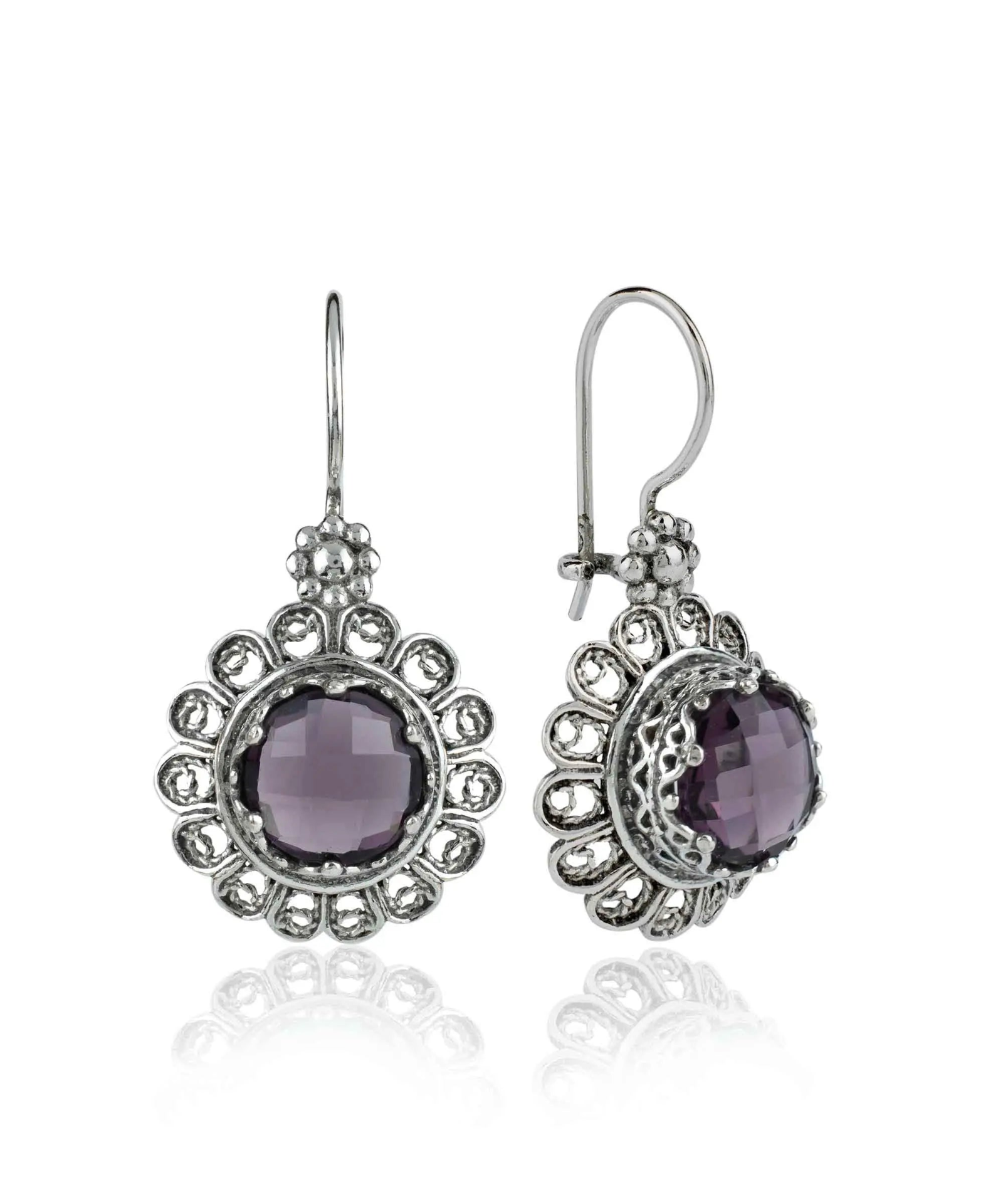 Elegant Silver Drop Earrings with Amethyst Gemstone and Filigree Flower Design