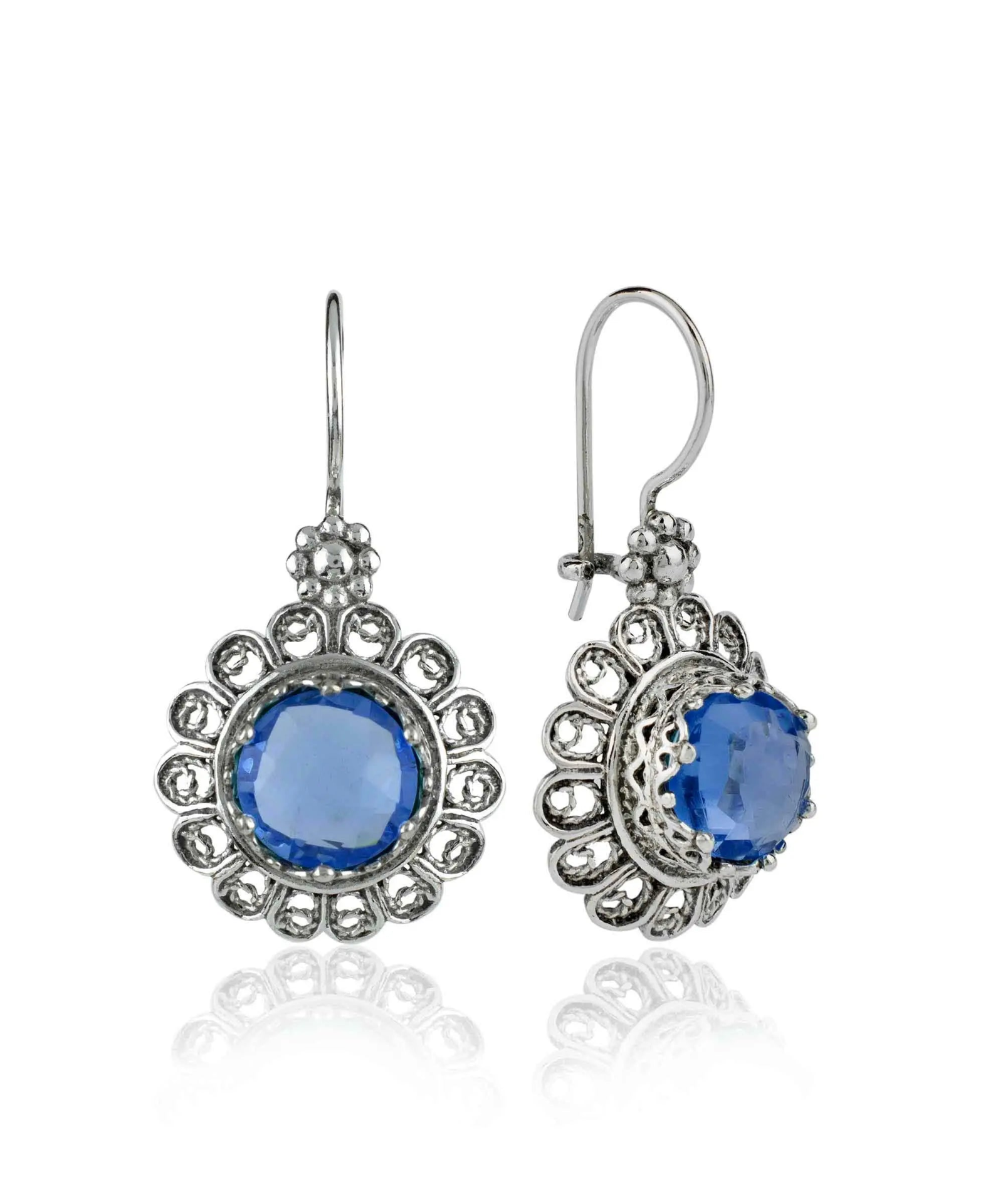 Filigree Art Flower Design Blue Quartz Gemstone Women Silver Drop Earrings