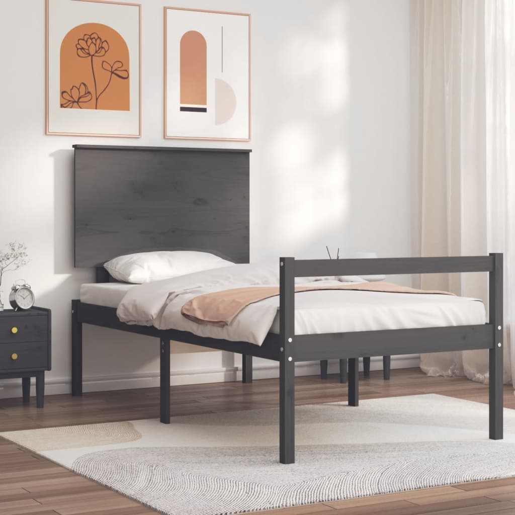 vidaXL Bed Frame with Headboard Grey 100x200 cm Solid Wood