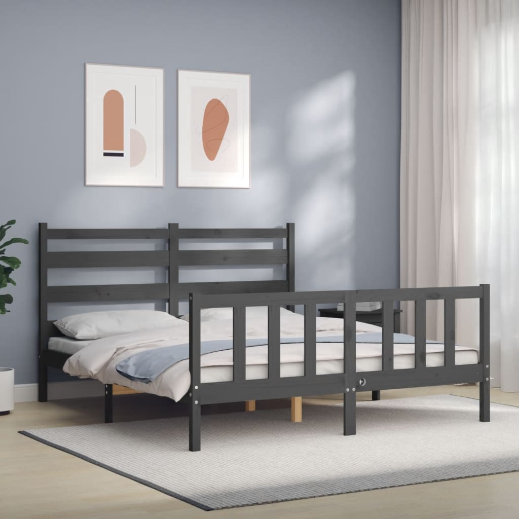 vidaXL Bed Frame with Headboard Grey King Size Solid Wood