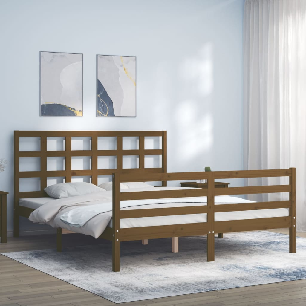 vidaXL Bed Frame with Headboard Honey Brown King Size Solid Wood