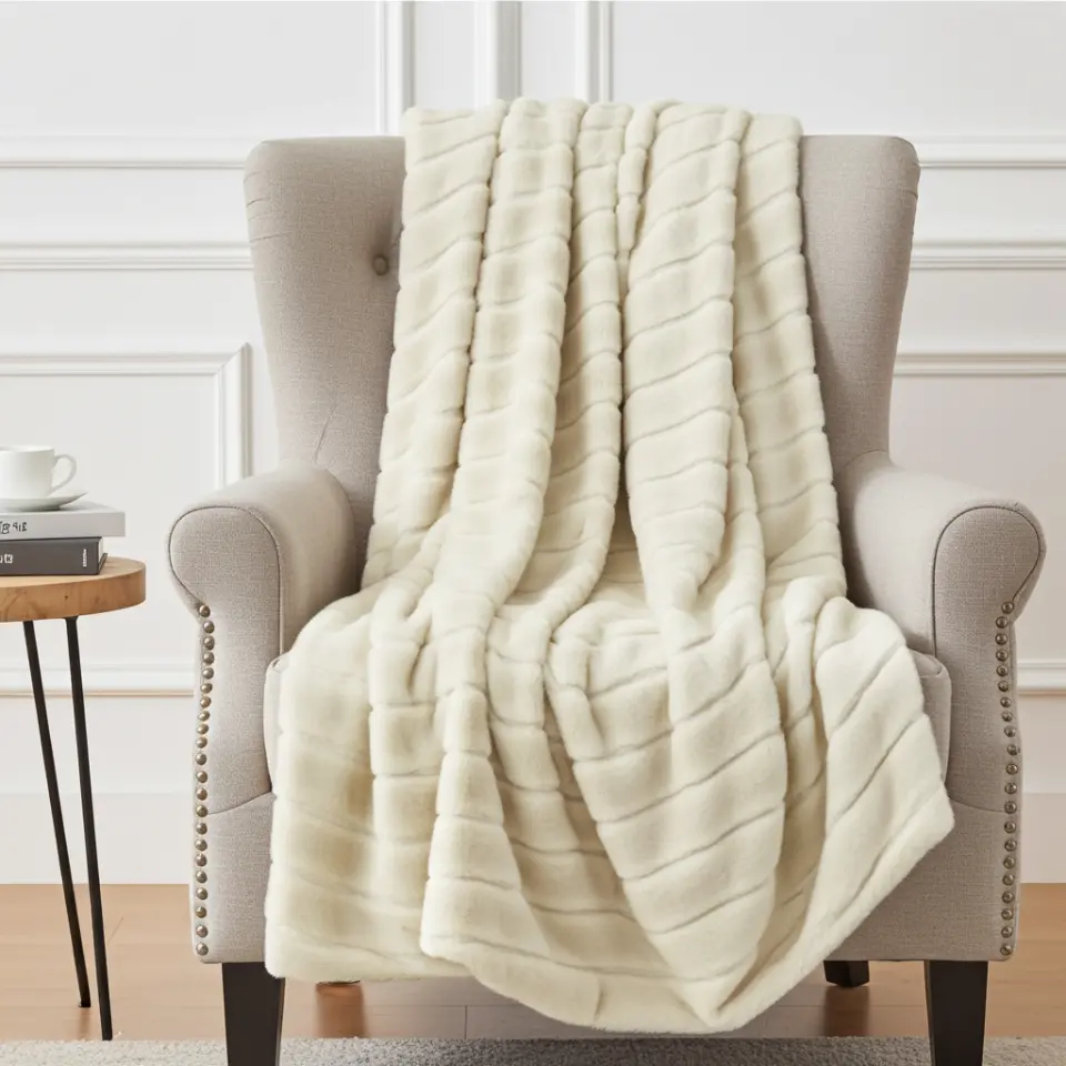 Plush Ivory Ribbed Mink Faux Fur Throw thumbnail 2