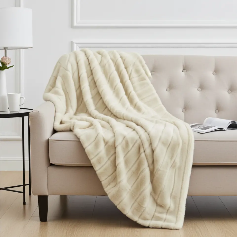 Plush Ivory Ribbed Mink Faux Fur Throw thumbnail 6