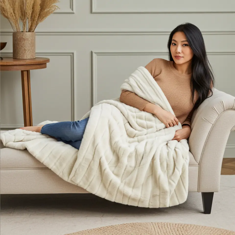 Plush Ivory Ribbed Mink Faux Fur Throw thumbnail 8