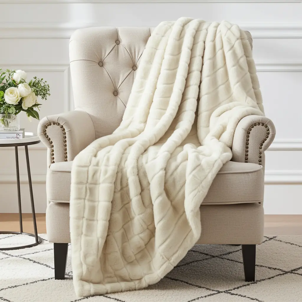 Plush Ivory Ribbed Mink Faux Fur Throw - view 9