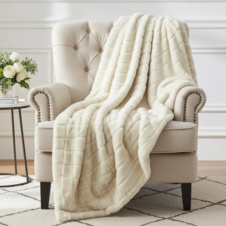 Plush Ivory Ribbed Mink Faux Fur Throw thumbnail 9