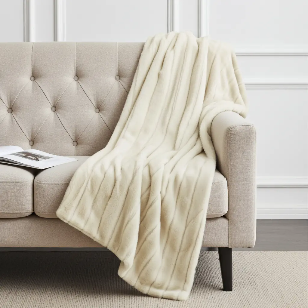 Plush Ivory Ribbed Mink Faux Fur Throw - view 10