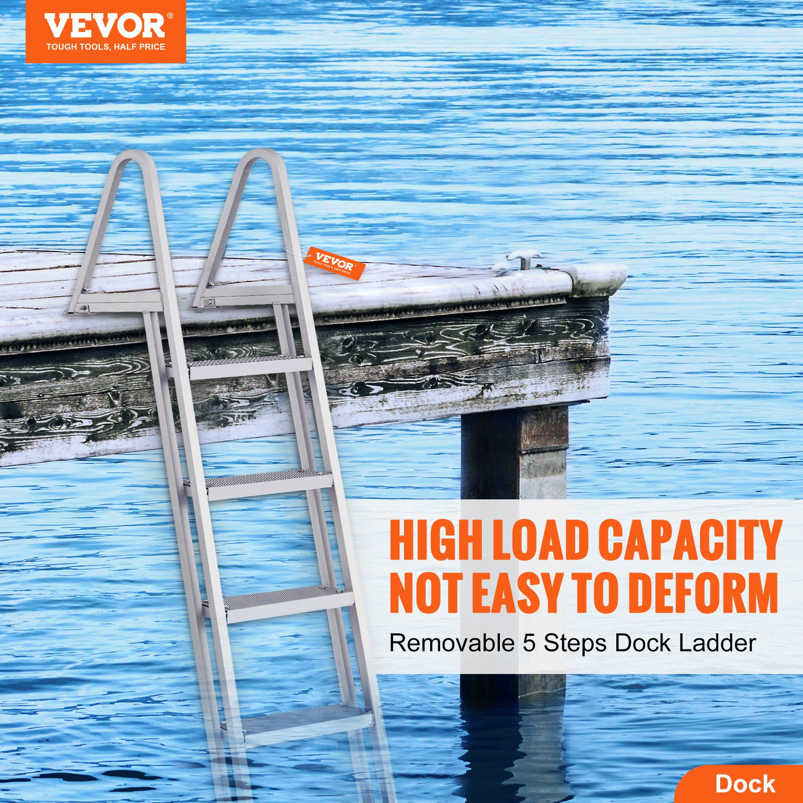 5-Step Removable Dock Ladder, 350 lbs, Aluminum, Non-Slip, for Boat/Pool/Marine - Picture 1 of 10