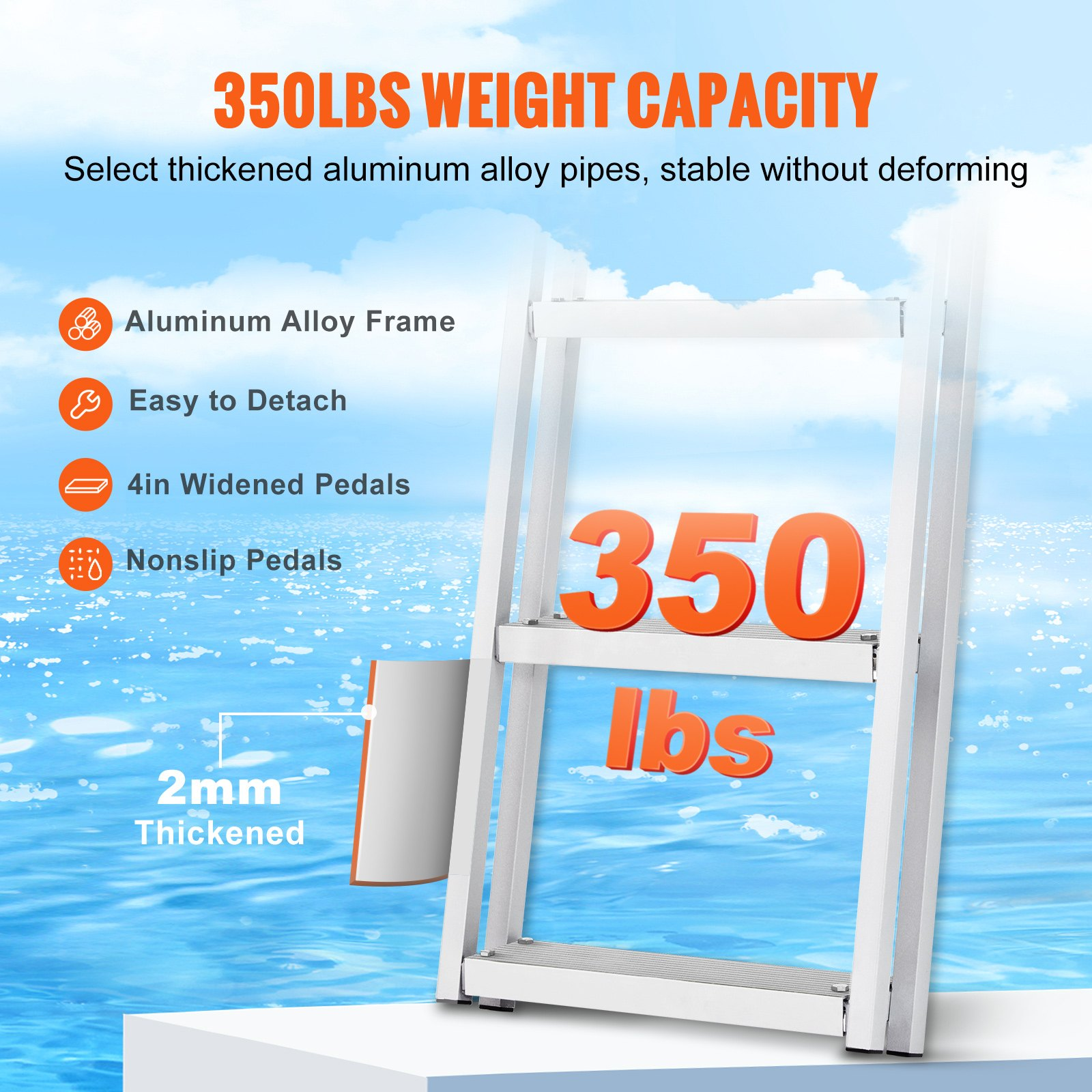 5-Step Removable Dock Ladder, 350 lbs, Aluminum, Non-Slip, for Boat/Pool/Marine - Picture 2 of 10