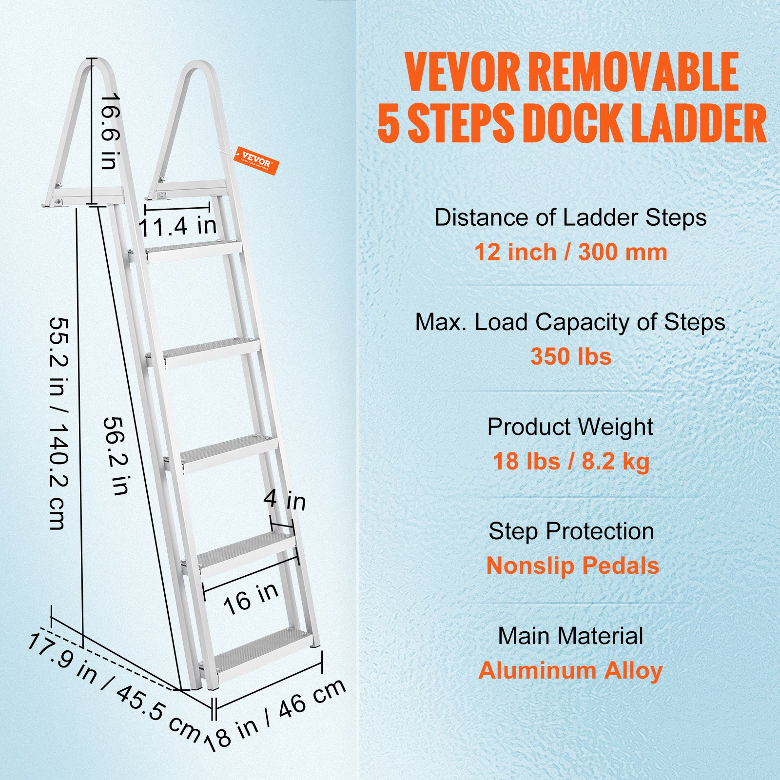 5-Step Removable Dock Ladder, 350 lbs, Aluminum, Non-Slip, for Boat/Pool/Marine - Picture 6 of 10