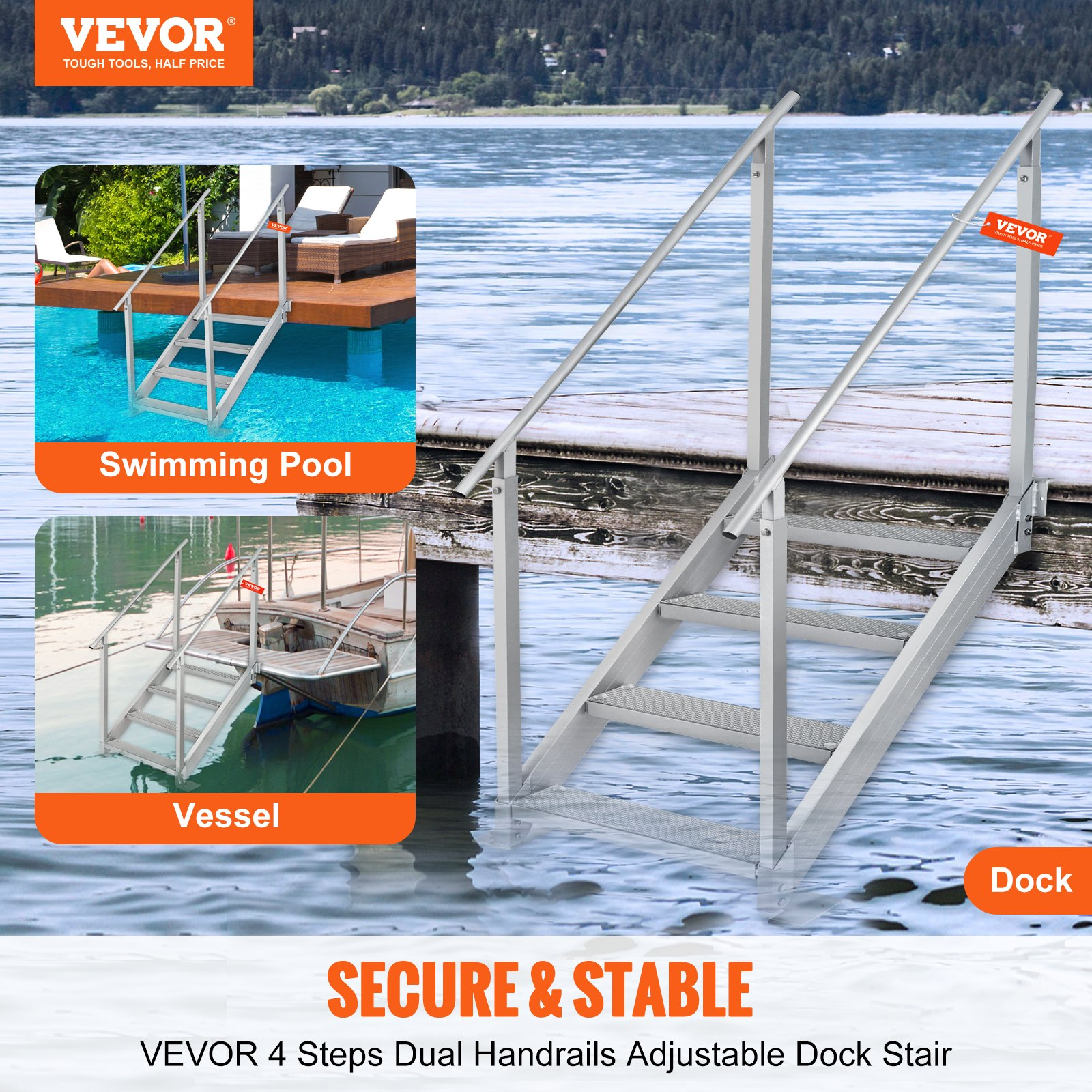 Dock Ladder 4 Step, Dock Stairs 30''-38'' Adjustable Height, 500 lbs Load Capaci