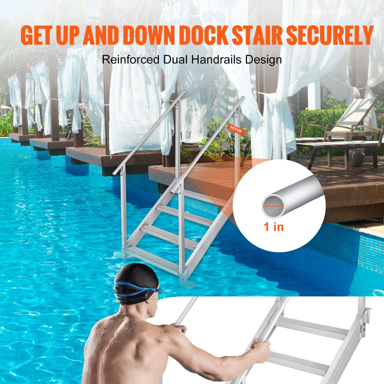 Dock Ladder 4 Step, Dock Stairs 30''-38'' Adjustable Height, 500 lbs Load Capaci