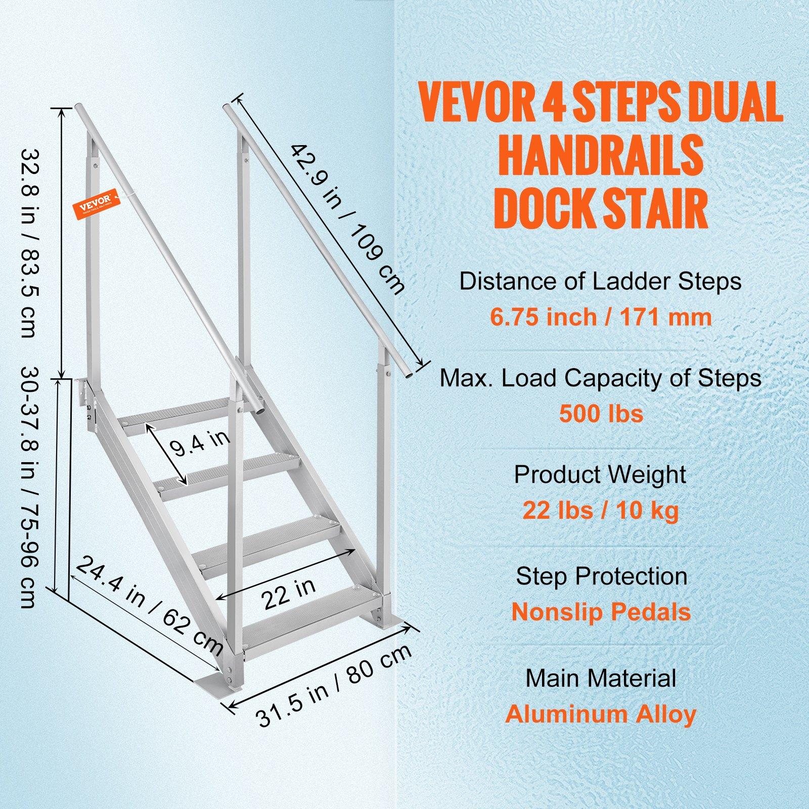 Dock Ladder 4 Step, Dock Stairs 30''-38'' Adjustable Height, 500 lbs Load Capaci