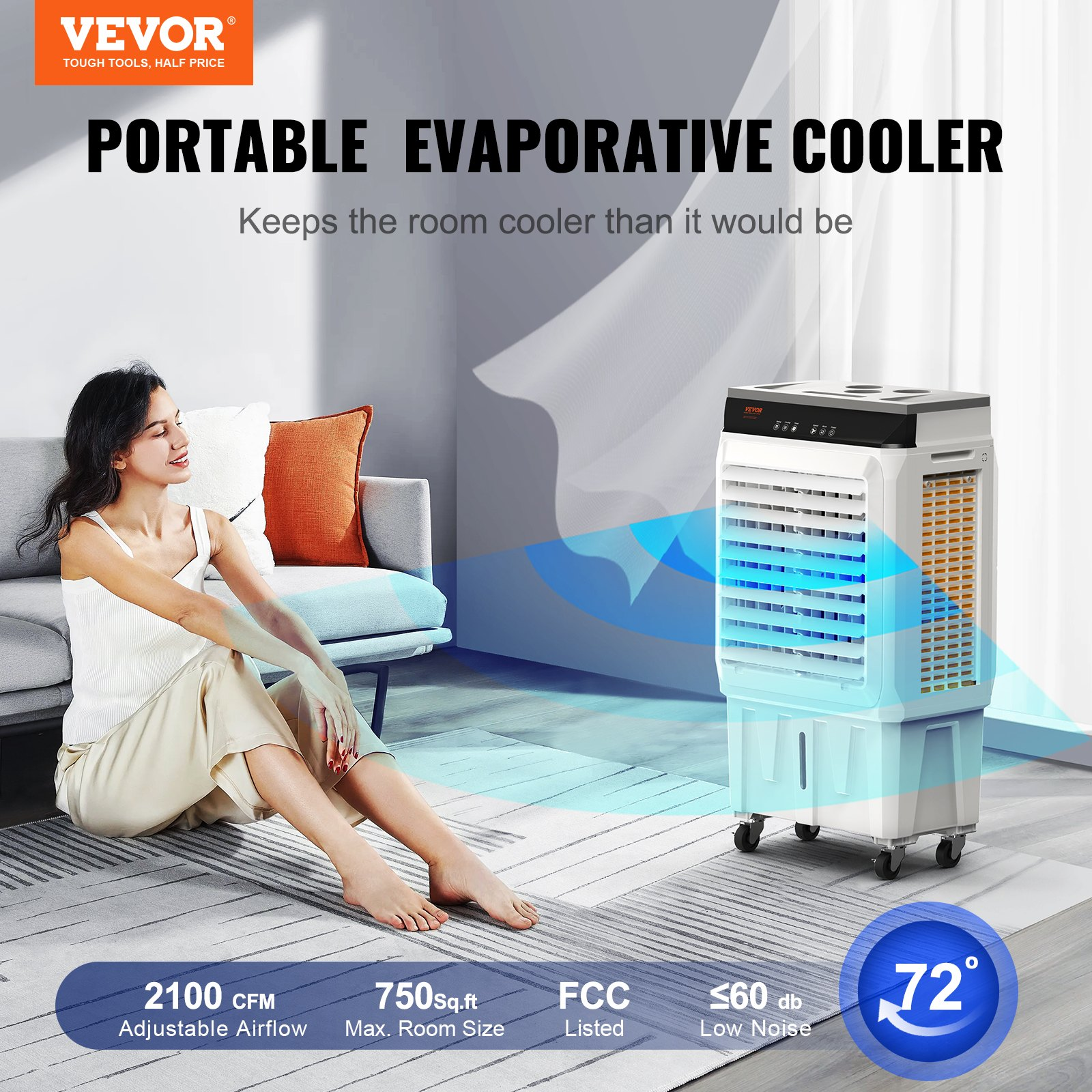 VEVOR Evaporative Cooler Swamp Cooler 3-in-1 2100CFM 7Gal 12h
