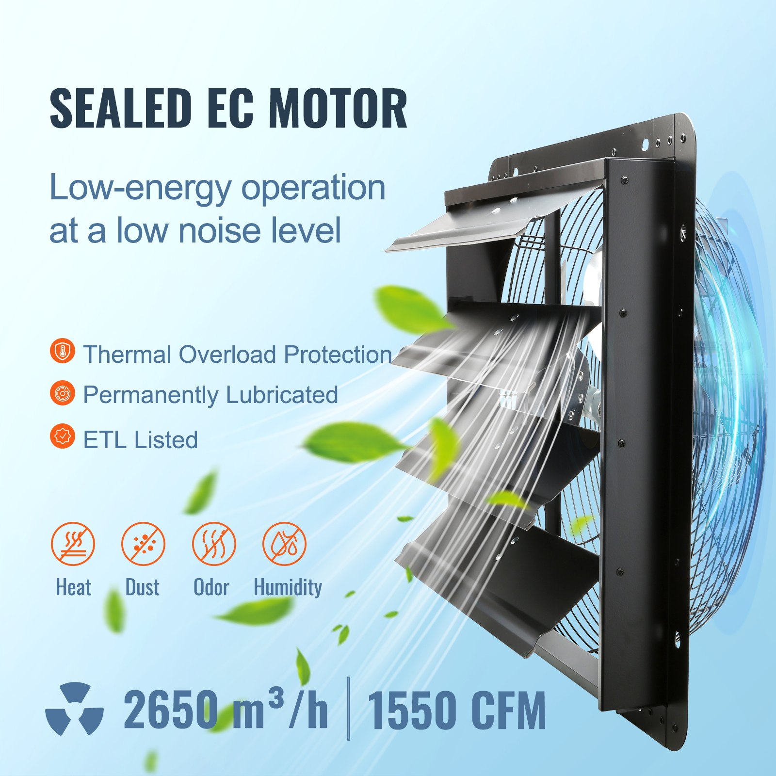 16'' Shutter Exhaust Fan 2650CFM EC-Motor w/ Temp & Humidity Controller 10-Speed