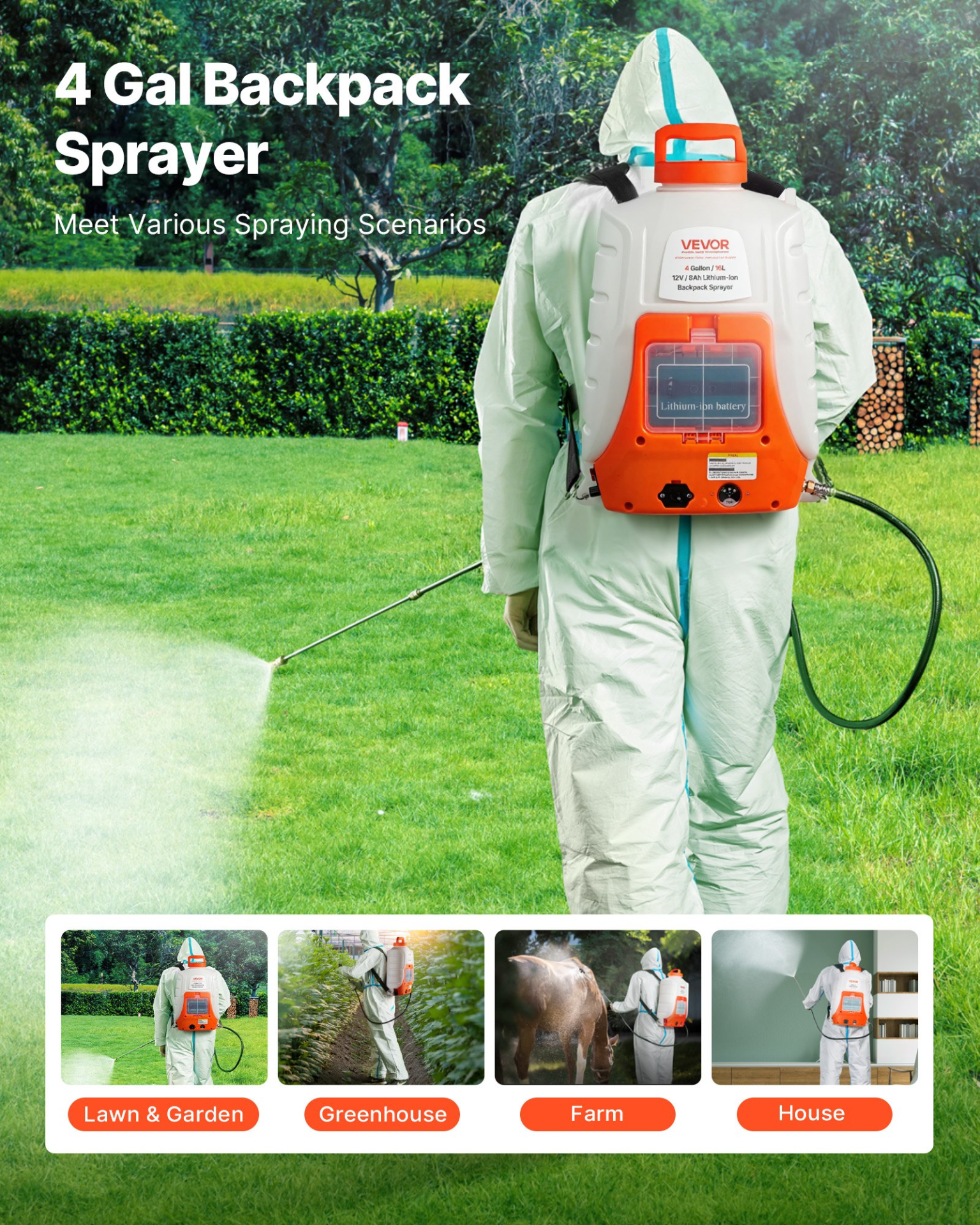Battery Powered Backpack Sprayer, 0-90 PSI Adjustable Pressure, Cleaning