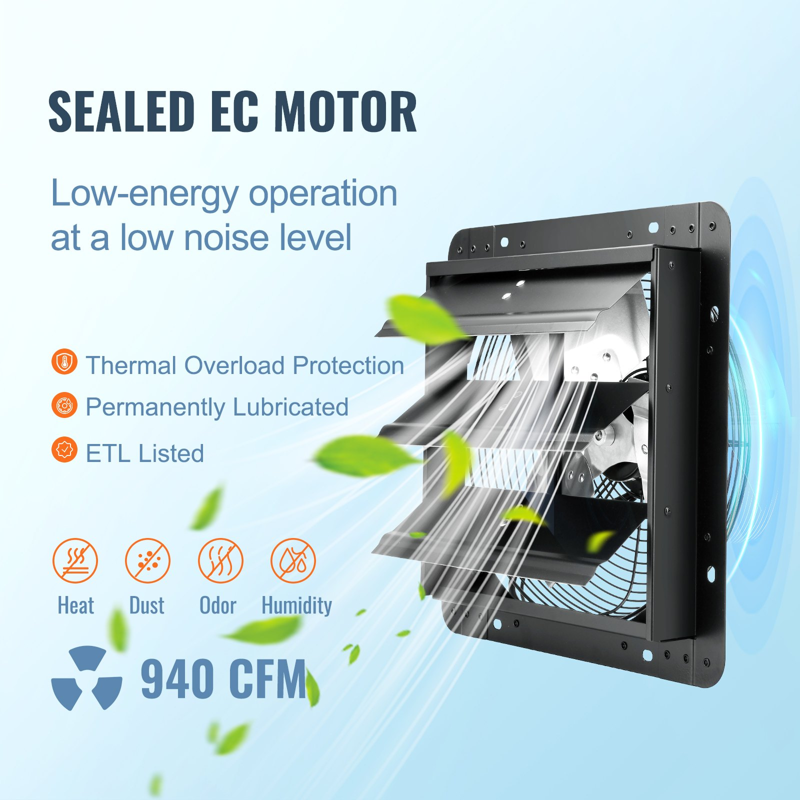 12'' Shutter Exhaust Fan 940 CFM EC-Motor w/ Temp & Humidity Controller 10-Speed