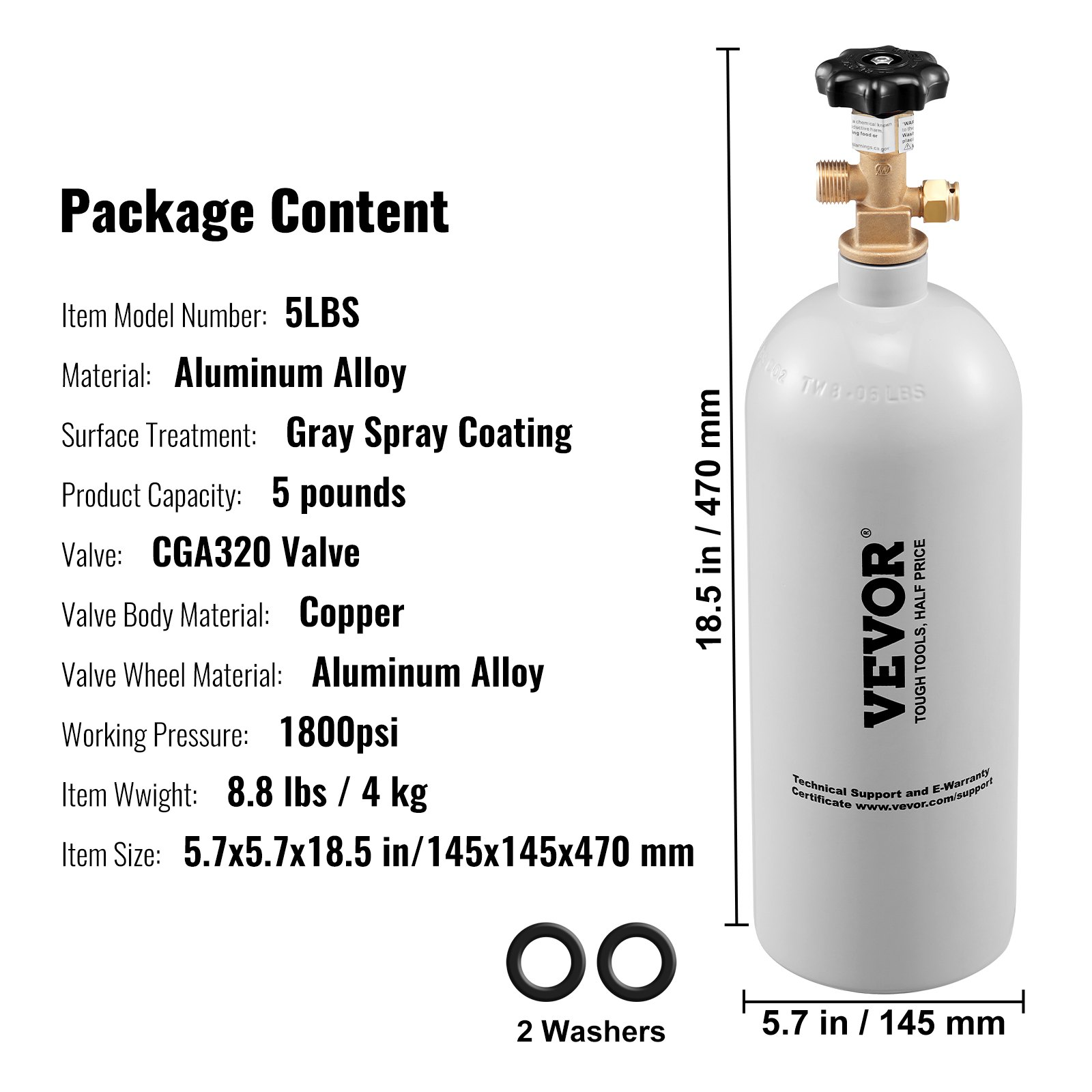 5 Lbs CO2 Tank Aluminum Gas Cylinder with Durable Gray Spray Coating – Ideal for