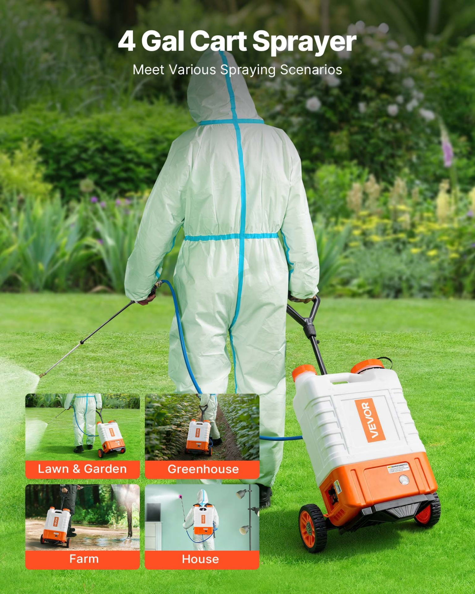 Battery Powered Backpack Sprayer with Cart, 4 Gallon Tank on Wheels