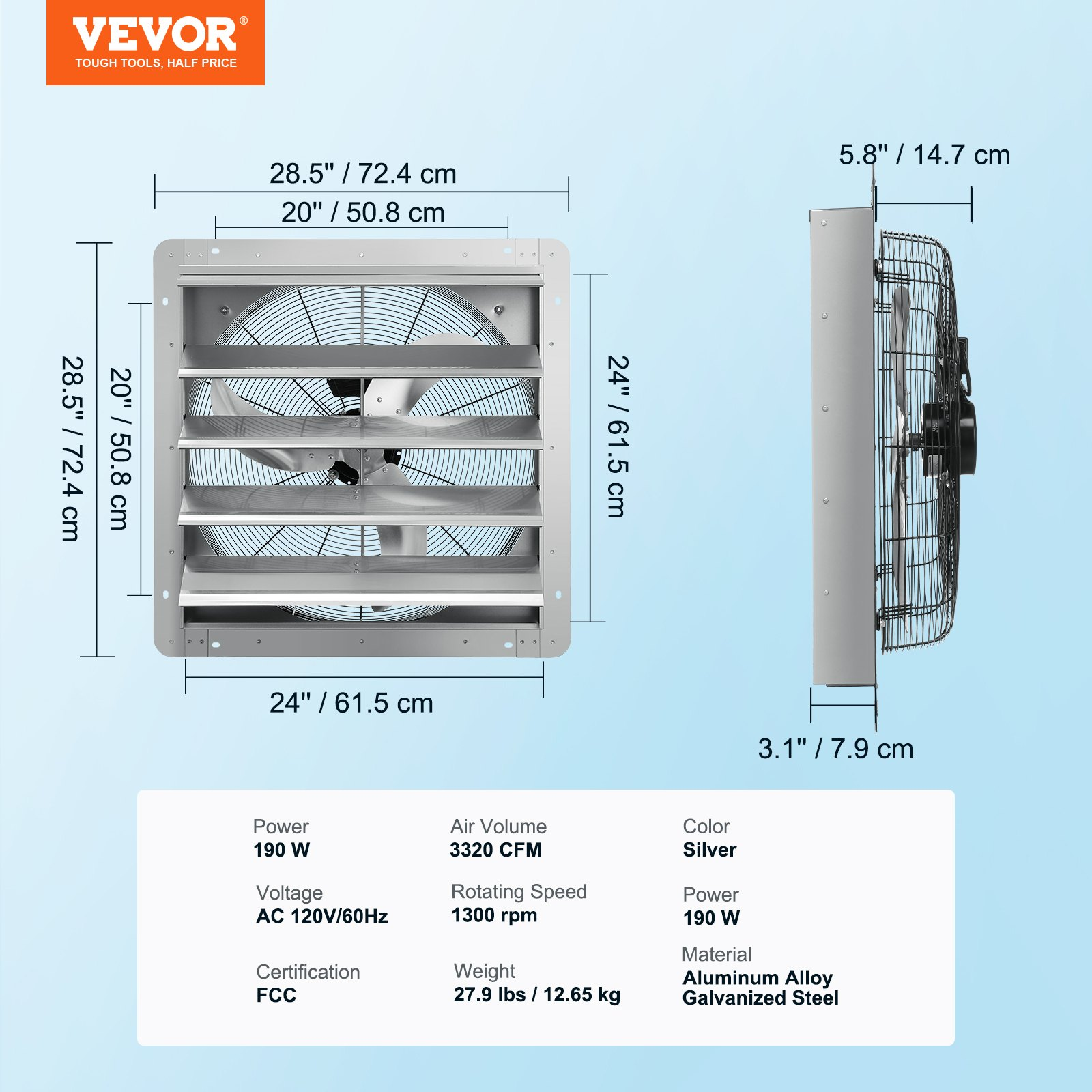 VEVOR 24'' Shutter Exhaust Fan, High-speed 3320 CFM, FCC