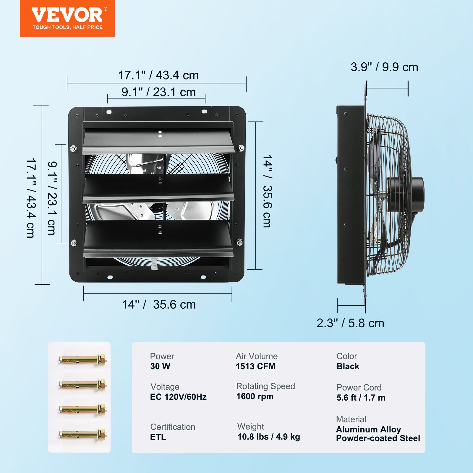 VEVOR Shutter Exhaust Fan, 14'' with Temperature Humidity Controller,  EC-motor,