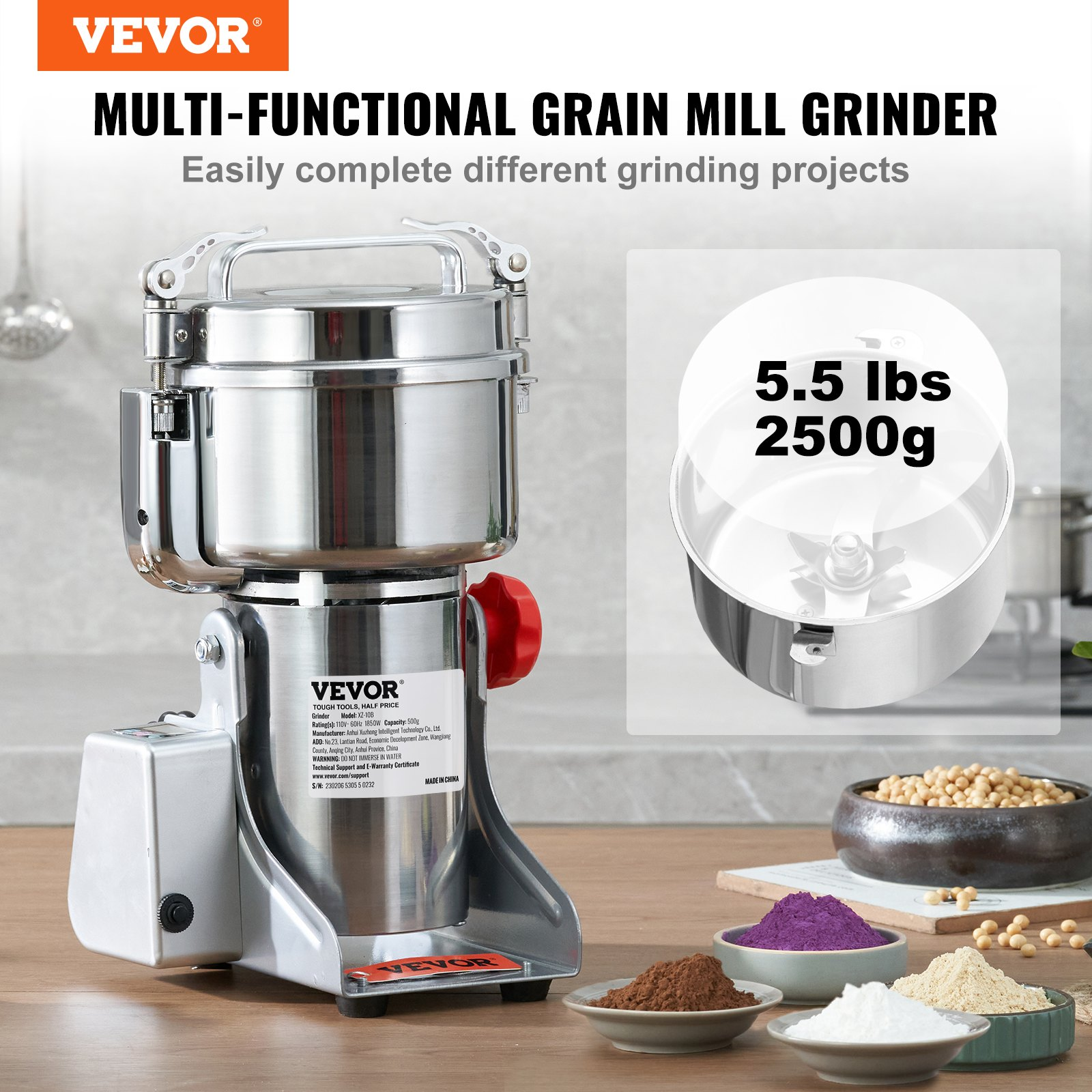 2500g Electric Grain Mill Grinder, 3750W High-Speed Commercial
