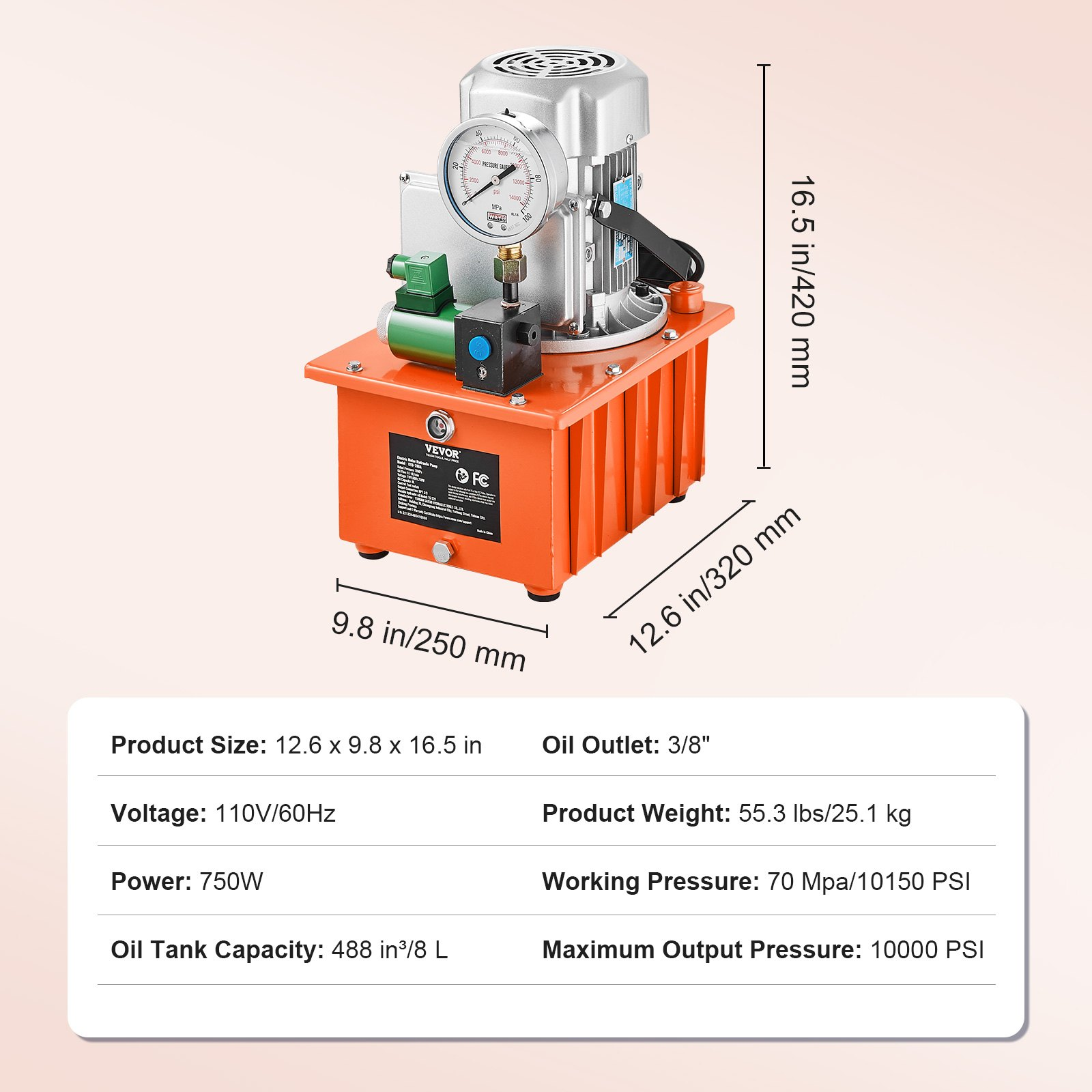 Electric Hydraulic Pump 10000PSI 750W 8L Single Acting Unit w/ Pedal Switch 110V