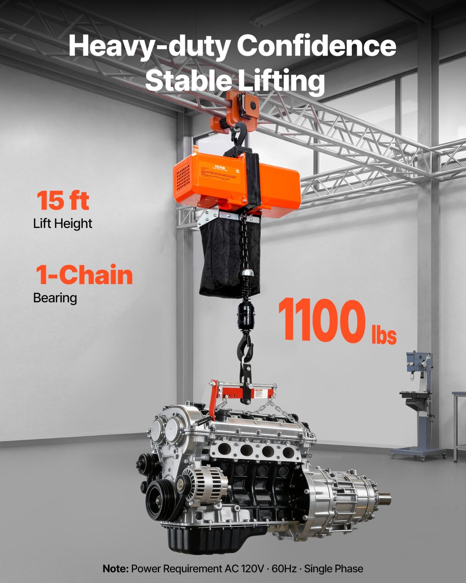 1100lbs Electric Chain Hoist 15FT Lift 120V Overhead Crane