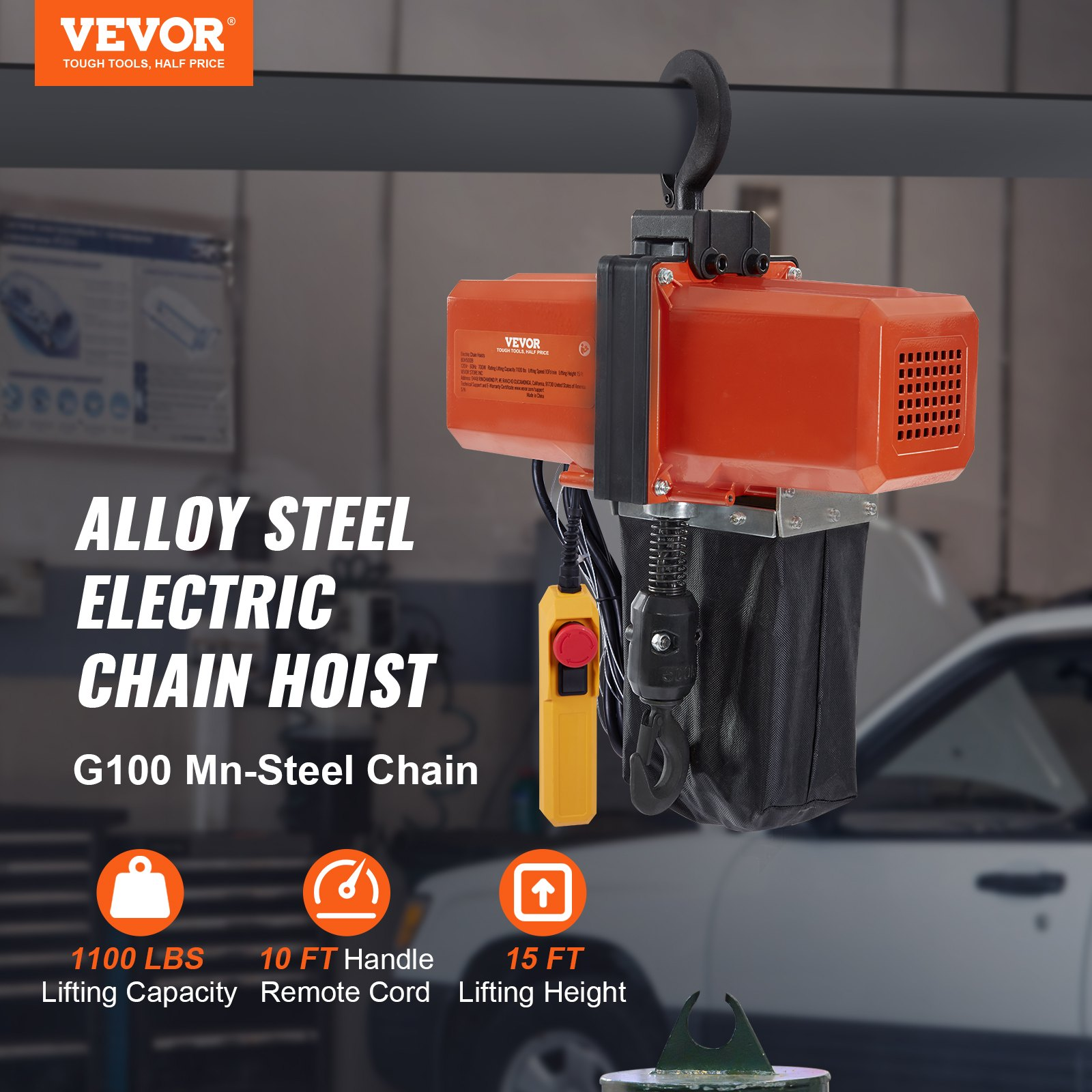 1100LB Electric Chain Hoist 120V 15FT Lift Single Phase w/ Wired Remote