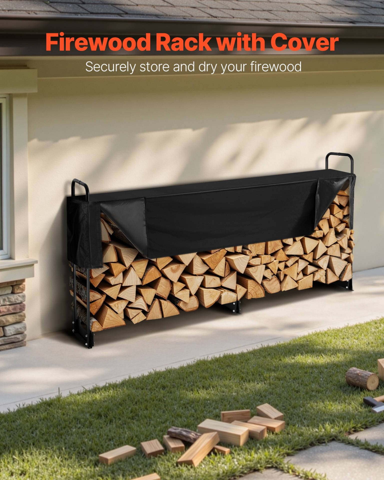 Firewood Rack w/ Waterproof Cover 101in Outdoor Log Holder 1/2 Cord 660lb