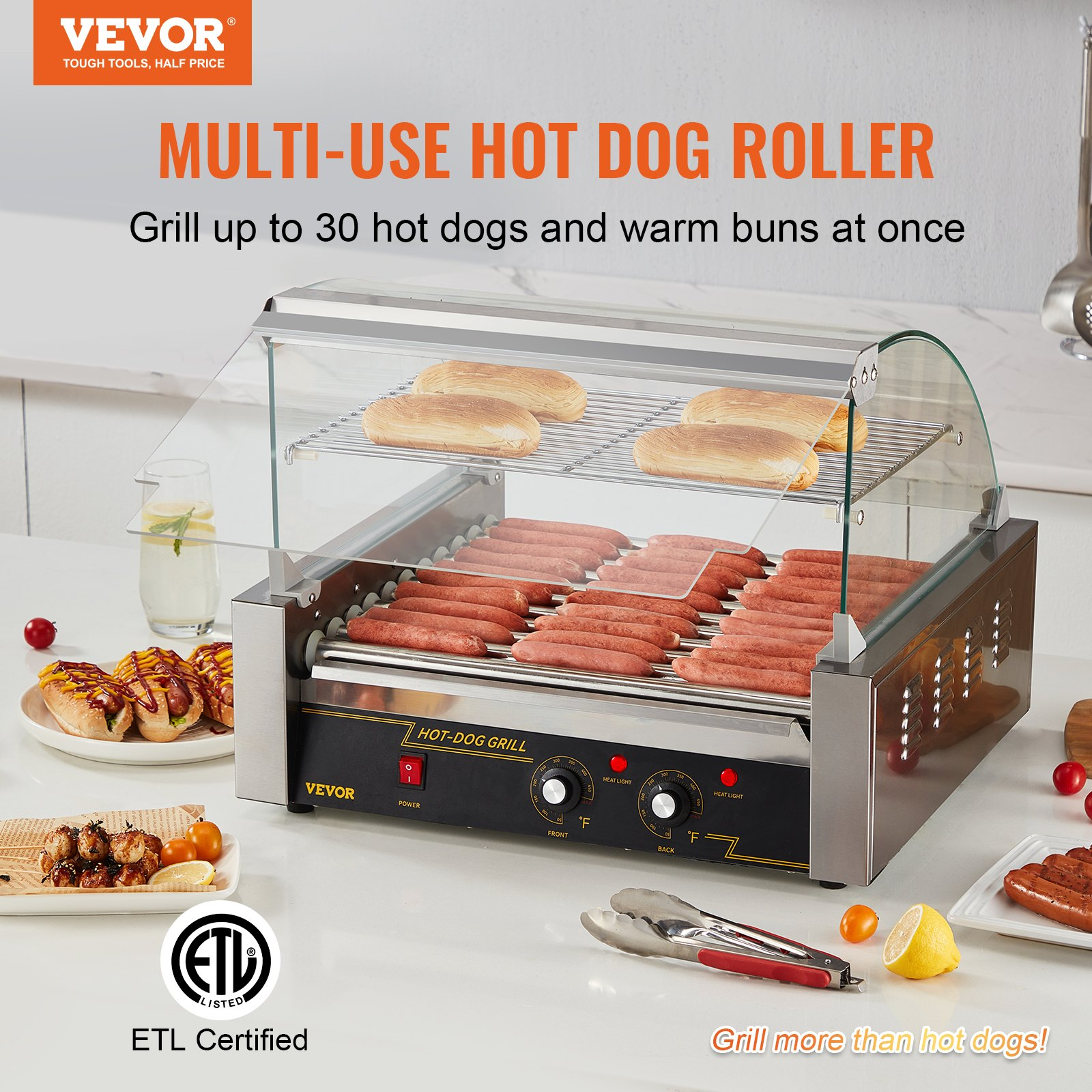 Hot Dog Roller 11 Rollers, 30-Dog 1650W Grill with Glass Hood, Bun Warmer, ETL