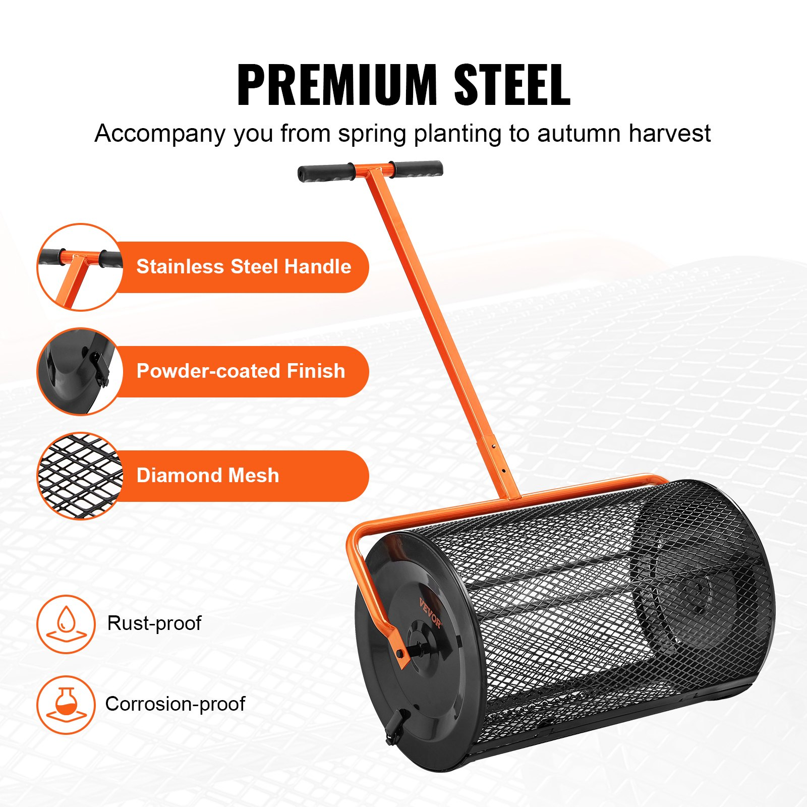 Compost Spreader, 24.4-25.6" Height Adjustable Handle, 24" Wide, Black