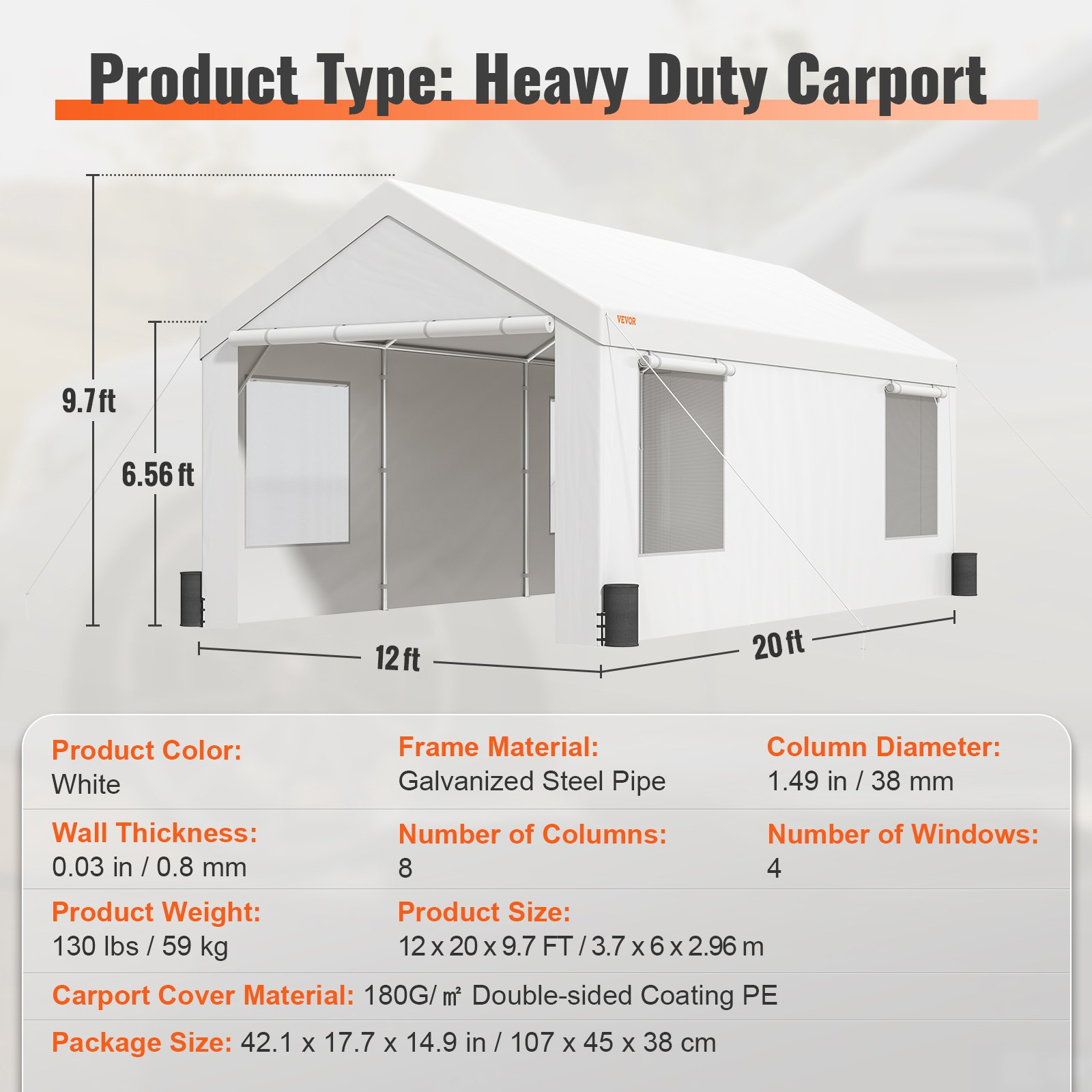 12x20 ft Heavy Duty Carport Canopy Garage w/Windows, Waterproof UV Tarp Cover - Picture 7 of 12
