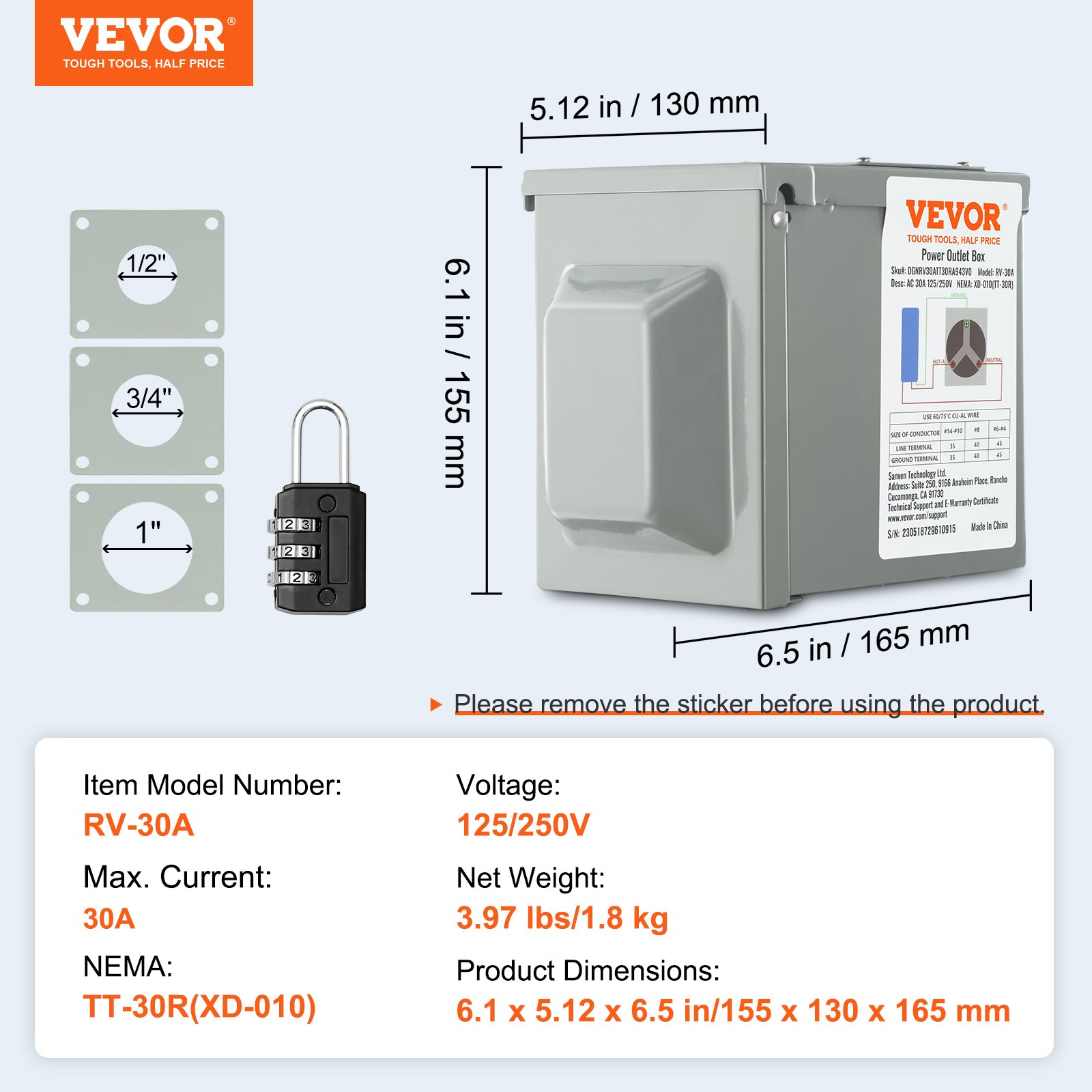 VEVOR 30 Amp RV Power Outlet Box, 125/250 Volt, Enclosed Lockable Outdoor RV Rec - Bild 8 von 12