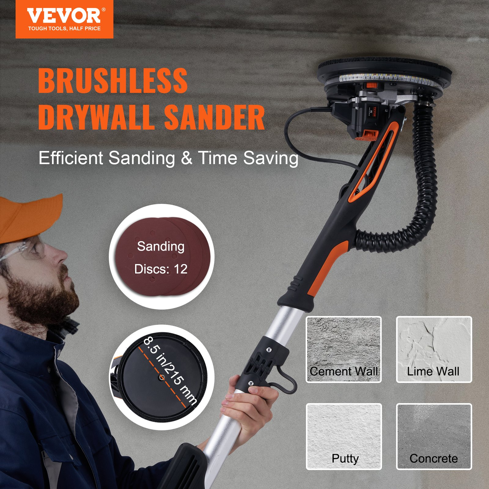 Drywall Sander, 800W Brushless Motor Electric Sander, 12 Sanding Discs